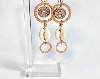 Cowrie Shell Copper Earrings, Hammered Spiral Dangle, Bohemian Jewelry