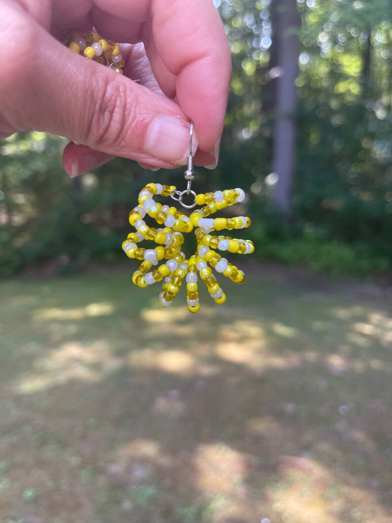 Yellow Sunburst Beaded Earrings, Dangle Earrings, Goddess Earrings,Bohemian Earrings, Drop Earrings, Unique Earrings, Coiled Beaded Earrings image 4