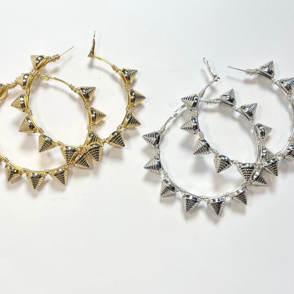 Spiked Hoop Earrings, Large Hoop Earrings, Spiked Earrings, 2.5” Hoop Earrings, Wire Wrapped Earrings, Light Weight Spiked Hoop Earrings