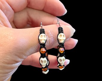 Skull Beaded Hoop Earrings: Howlite Skulls, Macrame Detail