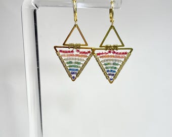 Gold Triangle Dangle Earrings, Rainbow Miyuki Seed Beads, OOAK