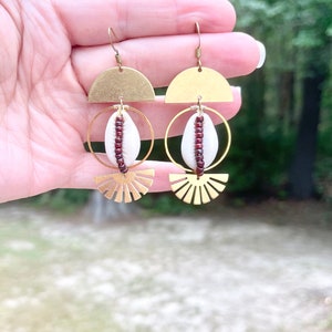 Brass Cowrie Shell Earrings, Cowry Shell Earrings, Wire Wrapped Earrings, Beaded Brass Earrings, Statement Earrings, Dangle Earrings