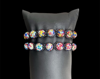 Shamballa Macrame Bracelet, Multi Colored Rhinestone Pave, Hematite, Adjustable, Unisex