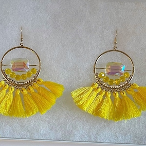 Tassel Hoop Beaded Earrings, Fan Tassel Earrings, Yellow Tassel Earrings, Fringe Earrings, Hoop Earrings, Large Hoop Tassel Earrings