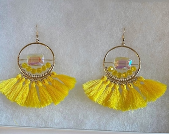 Yellow Tassel Hoop Earrings, Faceted Crystal Beads, Fringe Earrings