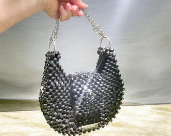 Semi Circle Skull Beaded Shoulder Bag, Crystal Evening Handbag, Adjustable Stainless Steel Chain