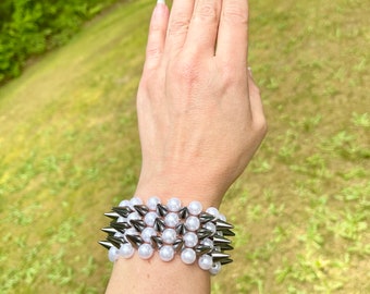 Three Row Gunmetal Spiked Pearl Stretch Bracelet, Goth Punk Style
