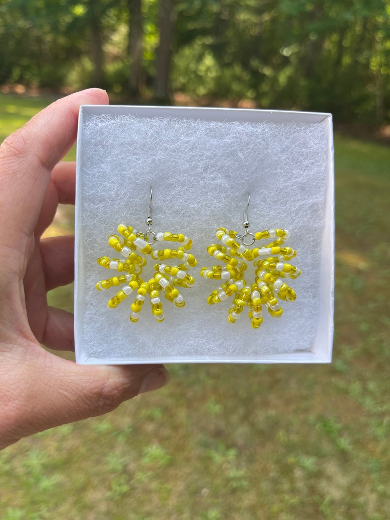 Yellow Sunburst Beaded Earrings, Dangle Earrings, Goddess Earrings,Bohemian Earrings, Drop Earrings, Unique Earrings, Coiled Beaded Earrings image 1