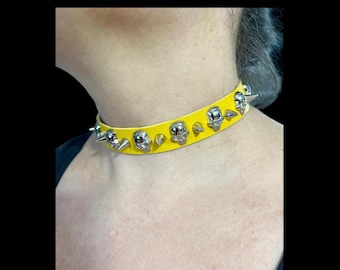 Spiked Skull Choker, Yellow Faux Leather Goth Choker