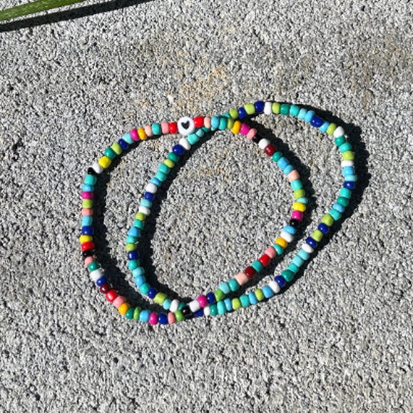 Stretch Seed Beaded Anklet, Beaded Beach Anklet, Beach Anklet, Ankle Jewelry, Beaded Anklets, Ankle Bracelet, Rainbow Heart Anklets