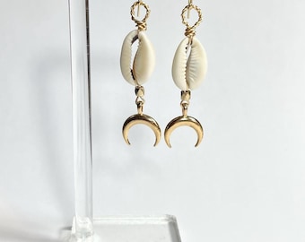 Cowrie Shell Earrings, Gold Double Horn Charms, Boho Statement Earrings