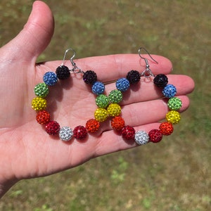 Rainbow Hoop Earrings, 2” Hoop Earrings, Hoop Beaded Earrings, Pave Crystal Ball Earrings, 10mm Disco Ball Beads, Sparkly Earrings