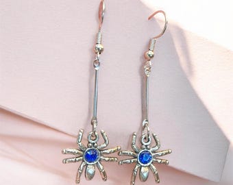 Spider Earrings, Blue Sapphire Rhinestone Earrings, Dangle Earrings, Goth Jewelry, Bug Earrings