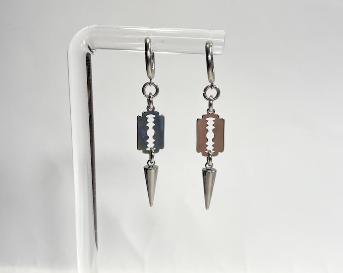 Spiked Razorblade Earrings, Stainless Steel Punk Huggie Hoops - Etsy