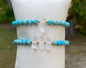 Sea Sediment Jasper Beaded Bracelet with Quartz Crystal Points