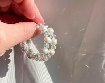Pearl Aurora Borealis Crystal Beaded Hoop Earrings, Stainless Steel Base