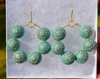 Turquoise Beaded Hoop Earrings, Gold Components, Dangle Earrings
