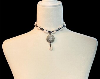 Cowrie Shell Macrame Choker, Brass Beaded Bohemian Necklace