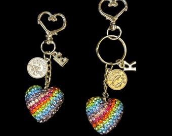 Rhinestone Heart Bag Charm, Personalized Keychain, Stainless Steel Heart Clip, Zodiac and Letter Charms