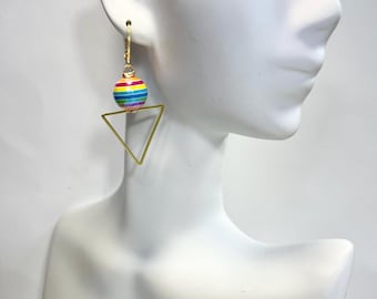 Gold Triangle Earrings, Rainbow Beaded Dangles, Wire Wrapped