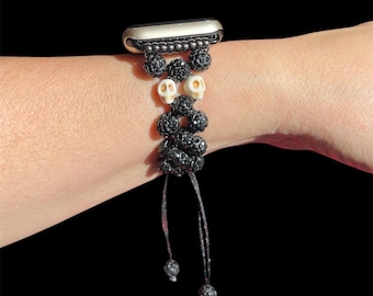 Rhinestone Beaded Apple Watch Band with White Howlite Skulls, Macrame Slide Clasp