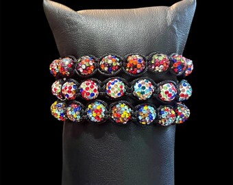 Shamballa Macrame Bracelet, Multi Colored Rhinestone Pave, Hematite, Adjustable, Unisex