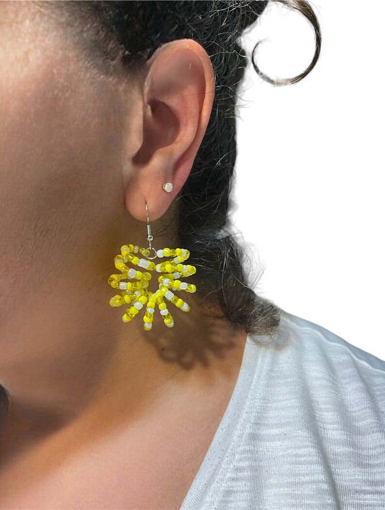 Yellow Sunburst Beaded Earrings, Dangle Earrings, Goddess Earrings,Bohemian Earrings, Drop Earrings, Unique Earrings, Coiled Beaded Earrings image 5