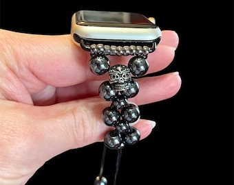 Skull Apple Watch Band with Healing Hematite Gemstone, Stainless Steel, Macrame Adjustable