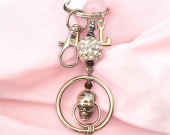Skull Purse Charm, Personalized Keychain, Rhinestone Beaded, Stainless Steel Wire Wrapped