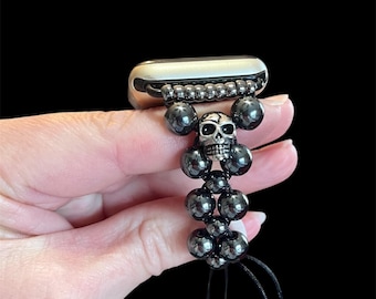Skull Apple Watch Band with Healing Hematite Gemstone, Stainless Steel, Macrame Adjustable