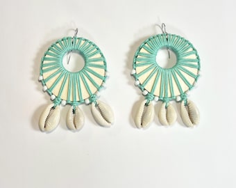 Macrame Cowrie Shell Earrings, Bohemian Wooden Hoop Earrings
