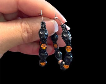 Skull Beaded Hoop Earrings: Macrame Halloween Jewelry
