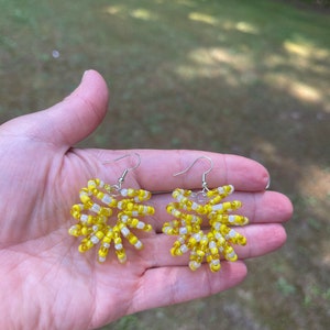 Yellow Sunburst Beaded Earrings, Dangle Earrings, Goddess Earrings,Bohemian Earrings, Drop Earrings, Unique Earrings, Coiled Beaded Earrings image 6