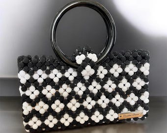 Beaded Handbag, Unique Gifts for Her, Black and White Purse, Round Handles