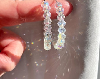 Aurora Borealis Crystal Beaded Hoop Earrings, Stainless Steel Base,