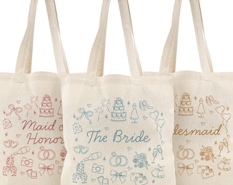 Bridal Party Totes, Bride Tote, Custom Doodle Wedding Party Bag, Bachelorette Gift