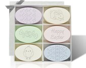Happy Easter Carved Soap Gift Set, Satsuma, Lavendar, Blue Lupin, Aqua Mineral, Verbena, Green Tea and Bergamot - 6 bars of soap