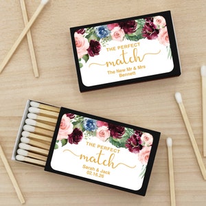 The Perfect Match Matches, Wedding Matches, Personalized Matchboxes, Watercolor Floral Matches, Burgundy and Pink wedding favors -Set of 50