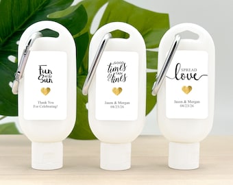 Wedding Favors, Personalized Sunscreen Favors with Carabiner, Bridal Shower, Bachelorette Party, Good Times and Tan Lines - Set of 12