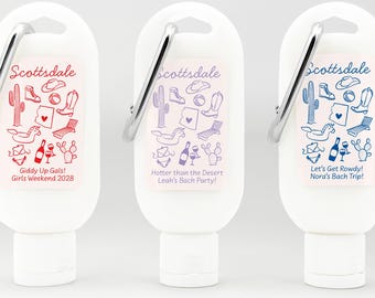 Scottsdale Bachelorette Favors, Bachelorette Gift, Bachelorette Party, Sunscreen with Carabiner, Giddy Up Girls, Let's Get Rowdy - Set of 12