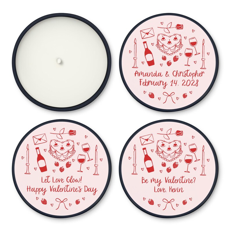 May include: Four round candle jar labels with a pink background and red illustrations of a heart-shaped cake, wine glasses, a bottle of wine, candles, and a rose. The text on the labels reads "Amanda & Christopher February 14, 2028", "Let Love Glow! Happy Valentine's Day", "Be my Valentine? Love, Kevin", and a blank label.