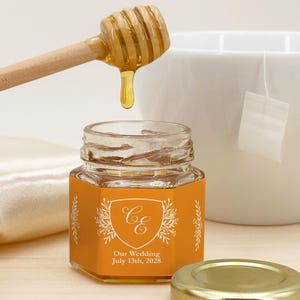 Honey Wedding Favors, Bee Themed Bridal Shower, Honey Bridal Shower Favors, Honey Favors, Mini Honey Jar Favor, Wedding Monogram Crest Favor
