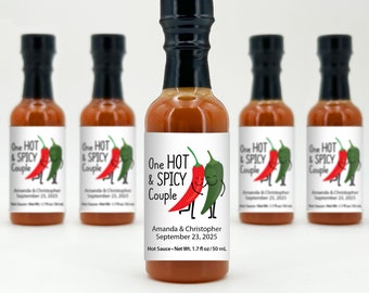 Hot Sauce Wedding Favors, Hot Sauce Gift, Mini Hot Sauce, Custom Hot Sauce, One Hot & Spicy Couple, Bulk Favors, 1.7 oz bottle of hot sauce