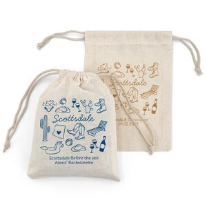 Two drawstring bags (5" x 7") with blue and gold printed Scottsdale themed illustrations. The bags offer two lines of custom text and have a variety of Scottsdale illustrations including cowboy hat, cowboy boots, cactus, and pool floats.