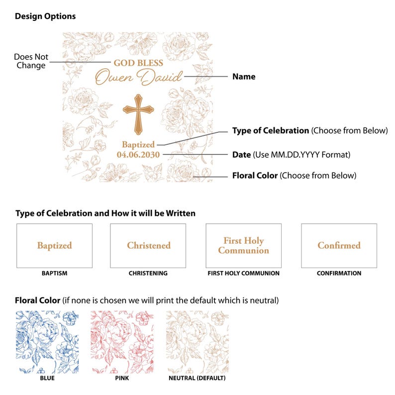 Puede incluir: Dise&ntilde;o personalizable para celebraci&oacute;n religiosa con detalles florales. Presenta una cruz, el texto &laquo;&nbsp;GOD BLESS&nbsp;&raquo; y espacio para nombre y fecha. Opciones para bautizo, confirmaci&oacute;n, primera comuni&oacute;n. Colores florales: azul, rosa o neutro.