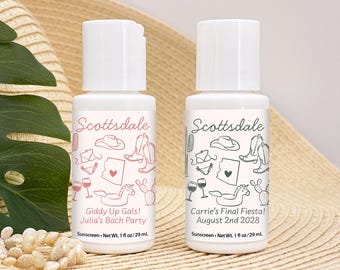 Bachelorette Party Favors, Bachelorette Gift, Birthday Party Favors, Mini bottles of Sunscreen, Scottsdale before the Veil - Set of 12