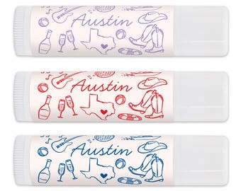 Austin Bachelorette Lip Balm, Custom Lip Balm, Wedding Lip Balm Favors, Bachelorette Party Favor, Lip Balm Customized, Girls Trip -Set of 12