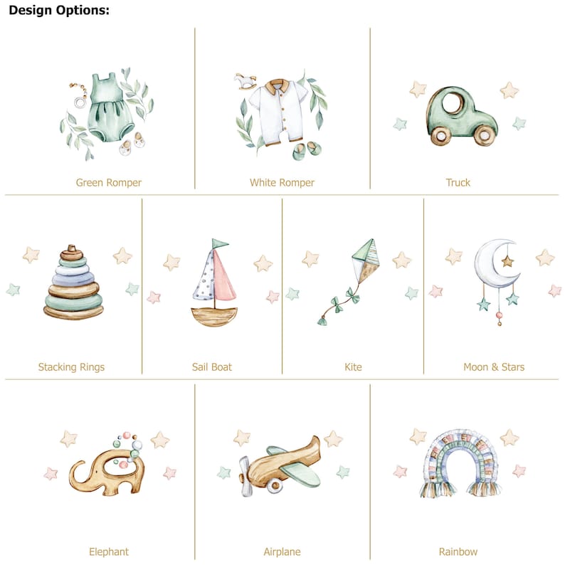 May include: Watercolor illustrations of baby-themed designs, including a green romper, white romper, truck, stacking rings, sailboat, kite, moon and stars, elephant, airplane, and rainbow. Text reads "Design Options:" and labels each design.