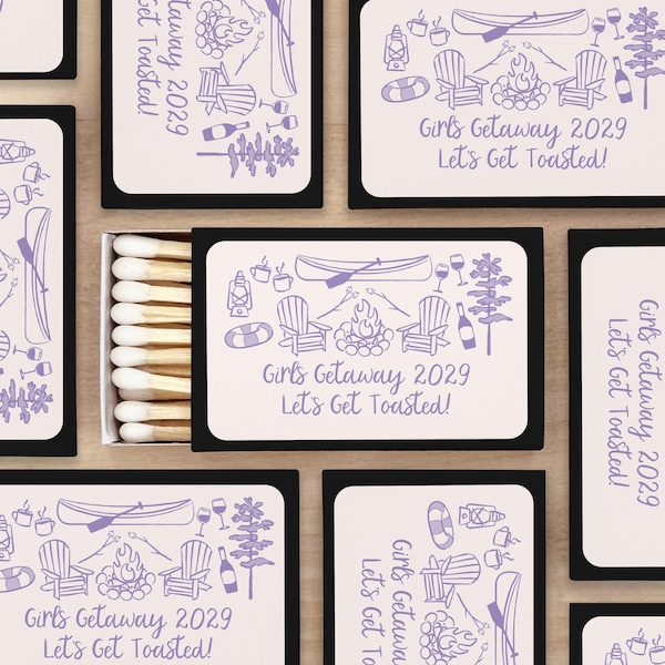 Recuerdos de boda en Lake Bach, cajas de cerillas personalizadas, regalos para despedidas de soltera, viajes de chicas, amor en el lago, ¡brindemos! - Juego de 50