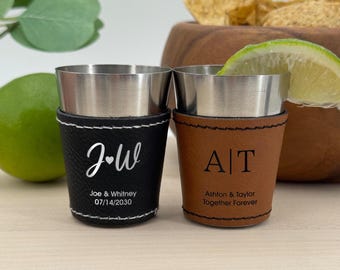 Faux Leatherette Shot Glass: Groomsmen Gift, Personalized Wedding Gift, Two Initial Monogram